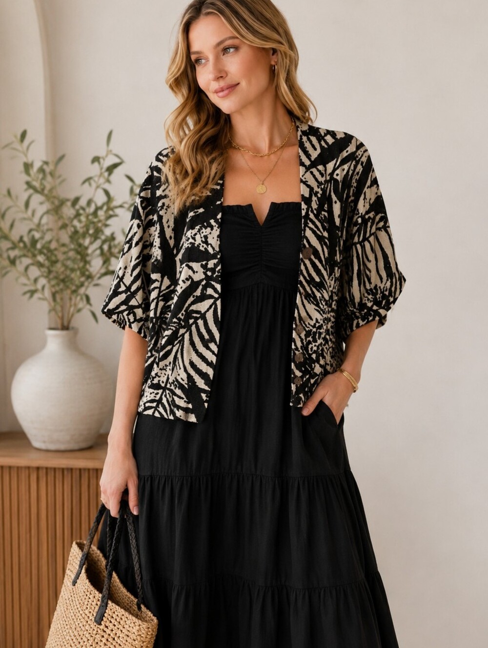 Coldwater Creek Cardigan XS Black Cream Tropical Button Front Boho Animal Print